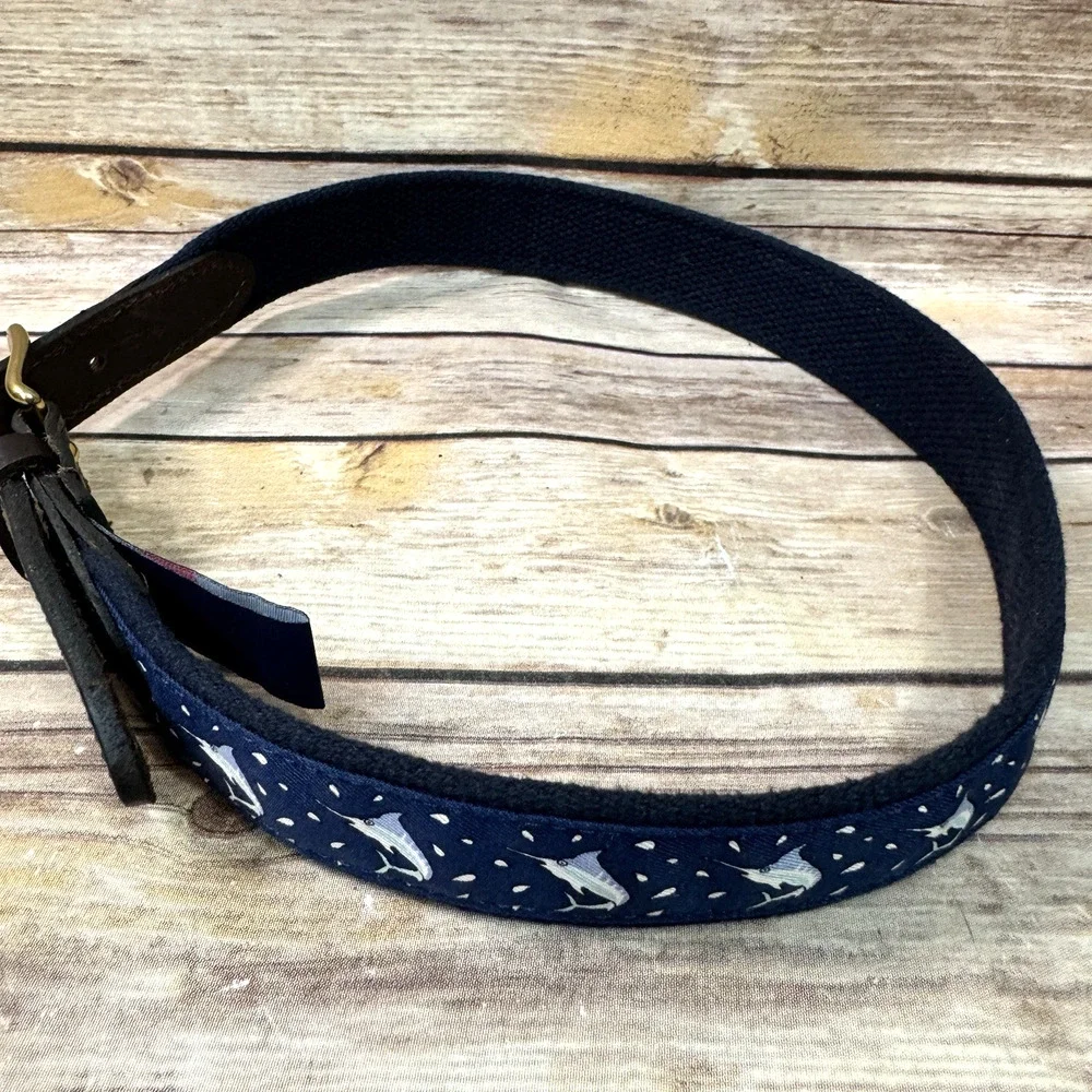 Vineyard Vines Boys Navy Blue & Brown Leather Preppy Swordfish Belt 28